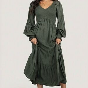 Baltic Born Lainey Smocked Dotted Midi Dress Size XS Deep Olive